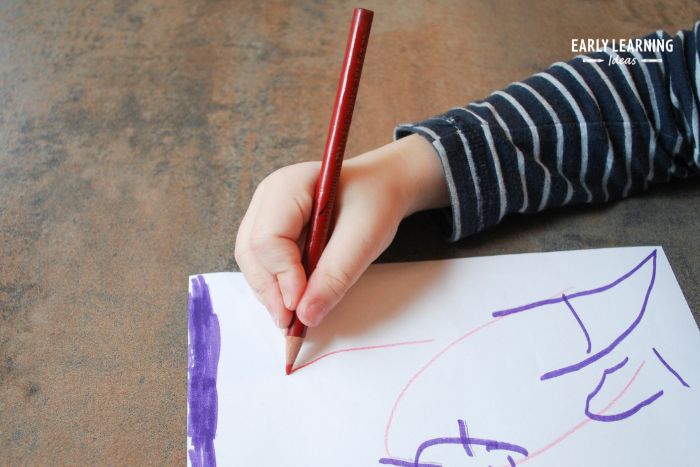 A child using Static tripod grip to draw a bird with a red pencil. 